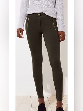 LOFT Olive Ponte Skinny Pants with Gold Zipper Detail